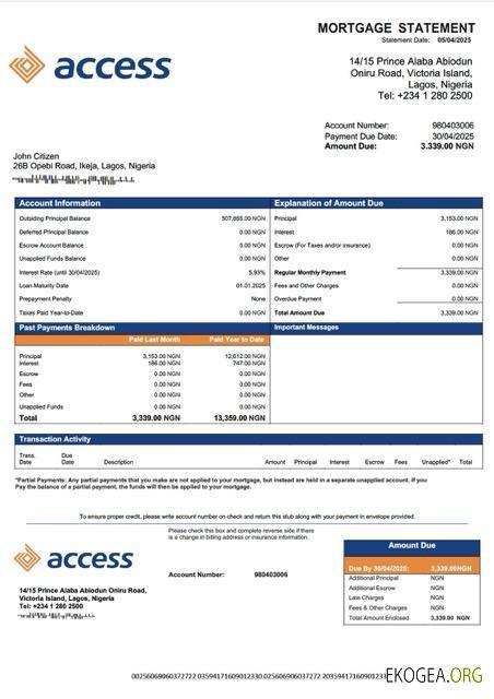 Modèle Word et PDF de relevé hypothécaire de la Nigeria Access Bank